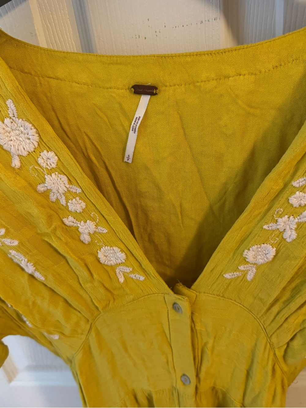 Free People Mustard Yellow Embroidered V-Neck Dress